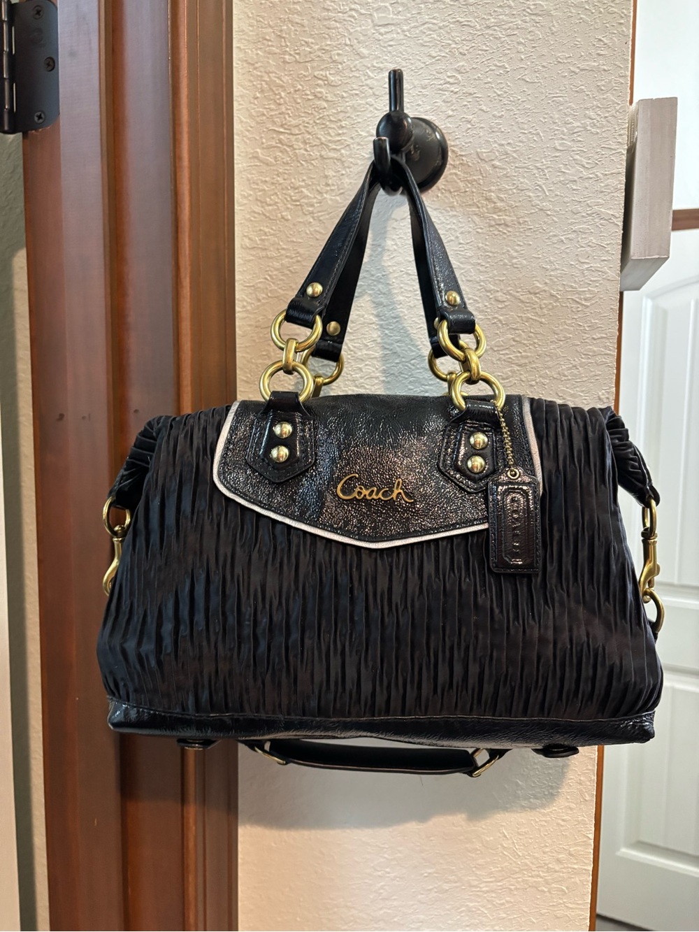 Coach Black Ashley Gathered Satin and Leather Satchel with Gold Accents